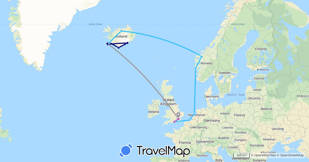 TravelMap itinerary: driving, plane, train, boat in Belgium, United Kingdom, Iceland, Netherlands, Norway (Europe)